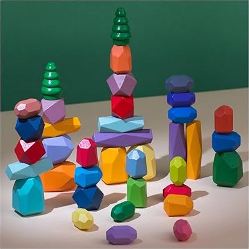 38 PCS Wooden Sorting Stacking Stones Rock Colorful Montessori Balancing Blocks Educational Learning Sensory STEM Toy for Kids 3 4 5 6 Boy and Girl Birthday Gifts