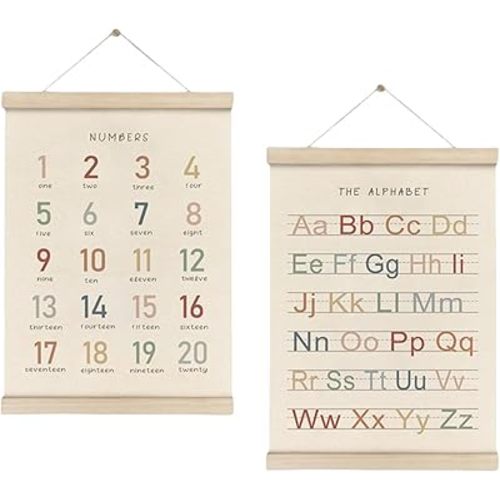 2Pcs Alphabets and Number Learning Wall Hanging Decors Set Wood Frame Nursery Poster Hangers Frame Set for Toddler