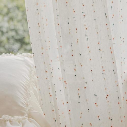 2 Panels Vintage Linen Sheer Curtains with Colorful Stripe Pom Pom for Girls Kids Room Embroidered Light Filtering Window Drapes for Nursery Bedroom Rod Pocket (White,W78 L102 inch)
