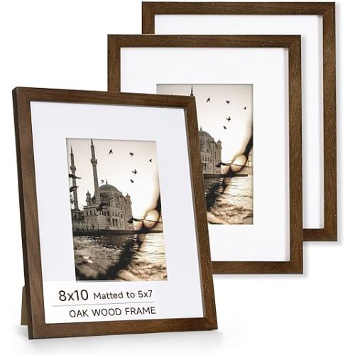 Axeman 8x10 Oak Wood Picture Frame, Minimalist 8x10 Frame with Plexiglass, Natural Solid Wooden Picture Frames for Wall Art Photo, 3 Pack, Walnut