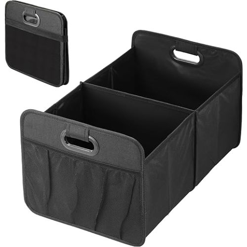 YSSOA Car Trunk Organizer, Foldable 2 Compartment 50L Storage Box with 5 Pocket & Reinforced Handle, 600D Waterproof Oxford Polyester, Non-Slip Bottom, for SUV/Truck, Black