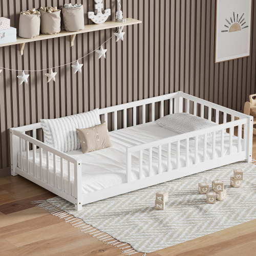 Twin Floor Bed with Fence for Kids, Solid Pine Wood Montessori Bed Frame with Guardrails and Slats System, Playhouse Design Platform Bed for Children Bedroom, Without Door, Easy Assemble,White
