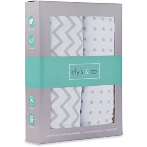 Pack N Play Portable Crib Sheet Set 100% Jersey Cotton Unisex for Baby Girl and Baby Boy by Ely's & Co. (Grey Chevron and Polka Dot)
