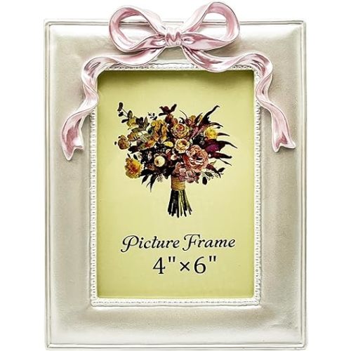 Vintage Picture Frame 4x6 Inch, Antique Ornate Photo Frames with Glass Front, Cute Bow Design, Tabletop & Wall Hanging, Photo Display, Gift Ideas, Pearly White