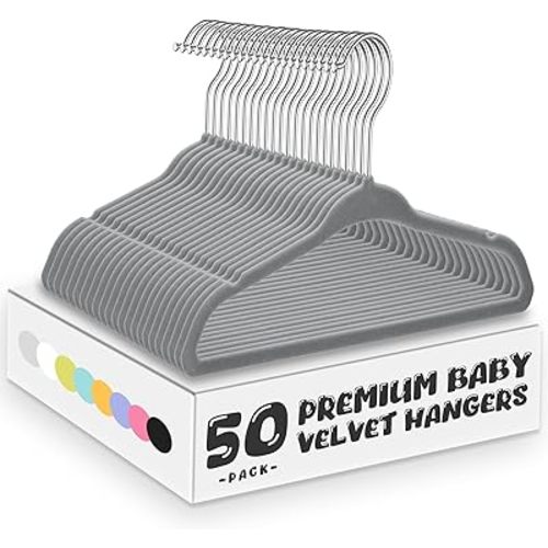 Kids Velvet Hangers 11 Inches Children's Clothes Hangers Non-Slip Baby Hangers Space-Saving Infant Closet Organizer | Durable & Lightweight (Grey,50pack) by MOERKADA