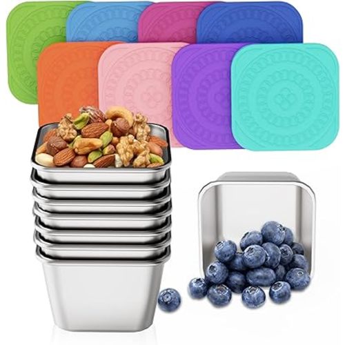 Set of 8 Snack Containers,Toddler Snack Containers,Stainless Steel lunch box for Kids;Leak Proof Stackable Small Metal Food Containers with Silicone Lids