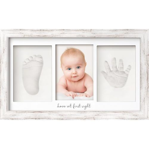Baby Hand and Footprint Kit - Clay Handprint Keepsake Frame, Newborn Nursery Picture Frame, Personalized New Mom Gifts for Baby Shower & Registry (Vintage White)
