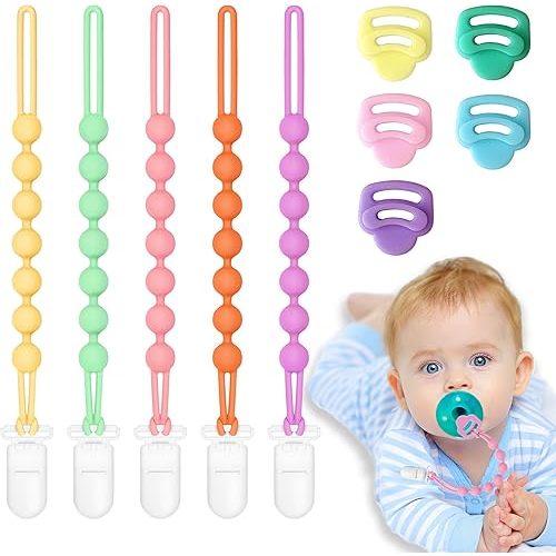 10 Pack Silicone Pacifier Clip with Adapter Ring for Philips Avent Soothie, One-Piece Soft Binky Clips Holder & Silicone Pacifier Adapter Rings fit Soothie, Newborn Baby Essentials for Teething Relief