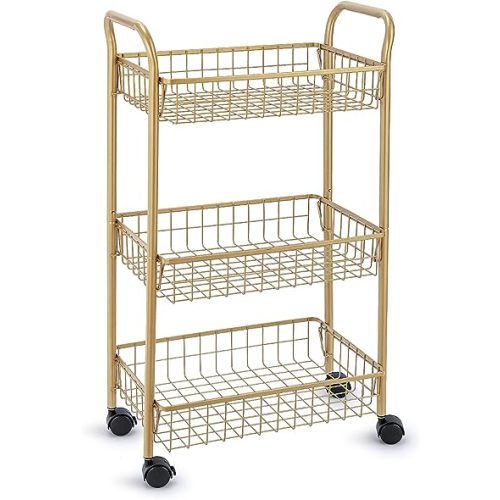 3 Tier Rolling Utility Cart, Storage Trolley Service Cart with Wheels Easy Assembly for Kitchen, Living Room, Office, Salon, Gold