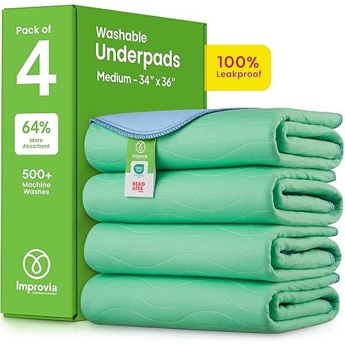 IMPROVIA® Washable Underpads, 34" x 36" (Pack of 4) - Heavy Absorbency Reusable Bedwetting Incontinence Pads for Kids, Adults, Elderly, and Pets - Waterproof Protective Pad for Bed, Couch, Sofa, Floor