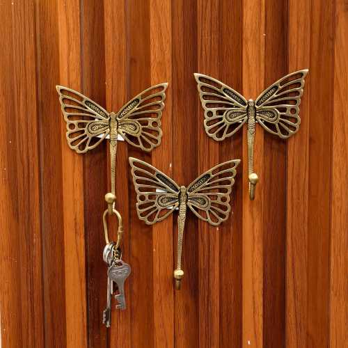 SHOBIXX- Brass Butterfly Wall Hook | Set of Three Brass Key Holder  | Vintage Style Home Decor | Brass Key Rack | Wall Mounts Entryway Decor