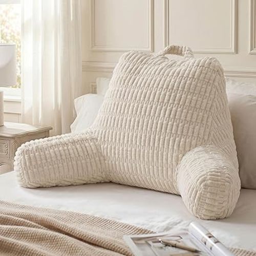 Blissful Diary Reading Pillow, Large Backrest Pillow with Shredded Memory Foam for Adult & Children, Designed for Bed and Couch Sitting Up, Includes Arms, Pockets and Washable Cover, Off White