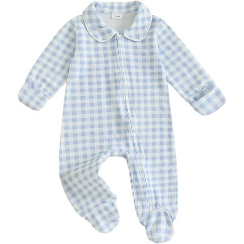 Newborn Baby Boy Girl Gingham Footed Romper Plaid Print Peter Pan Collar Long Sleeve Zipper Jumpsuit Fall Coming Home Outfit
