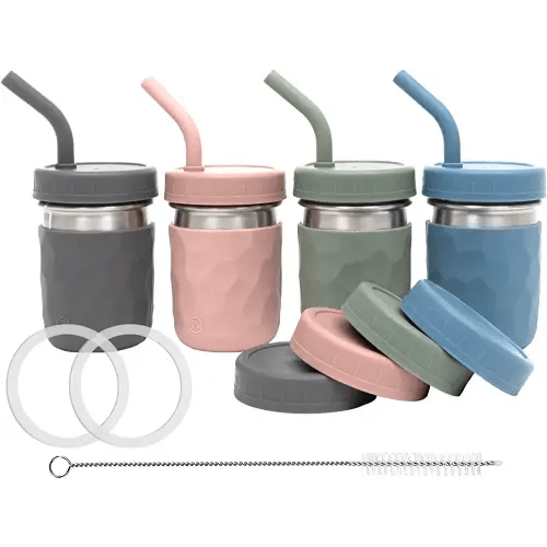 WeeSprout 2-in-1 Drinking Cups for Kids, Durable Stainless Steel Tumbler for Smoothies, Silicone Straws with Stoppers, Premium Plastic Twist Lids, Easy-Grip Sleeves, Set of 4 Dishwasher Safe Kid Cups