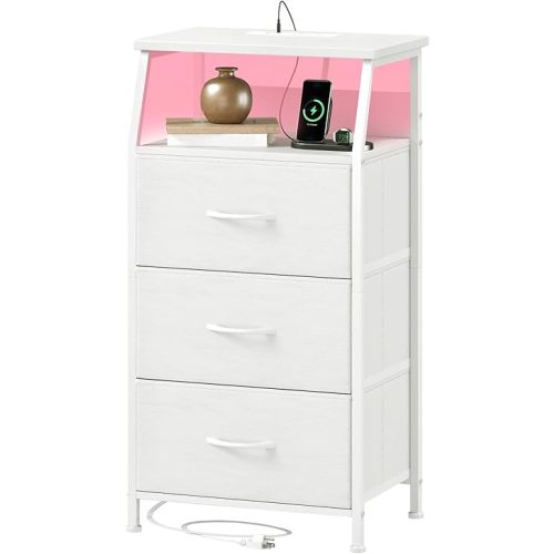 Somdot White Nightstand with Charging Station and LED Light for Bedroom, Tall 3 Drawers Dresser with Fabric Bins for Bedside Kids Dorm Room Closet Laundry Entryway, White Leather