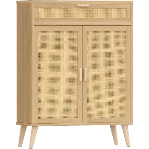 Rovaurx Accent Floor Storage Cabinet with Rattan Doors, Bathroom Cabinet with Large Drawer, Freestanding Storage Cabinet Organizer, Natural BMGZ107M