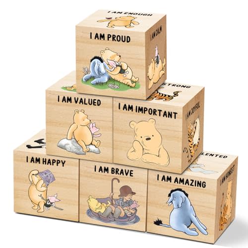 Tillfuru 6 Pcs Inspirational Winnie Nursery Decor for Girls and Boys Wooden The Pooh Decorations Winnie Baby Table Wooden Decorations Winnie Shelf Decor for Bedroom Playroom Gifts 1.6 Inch