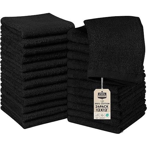 Utopia Towels 24 Pack Cotton Washcloths Set, 100% Ring Spun Cotton, Premium Quality Flannel Face Cloths, Highly Absorbent and Soft Feel Fingertip Towels, Black