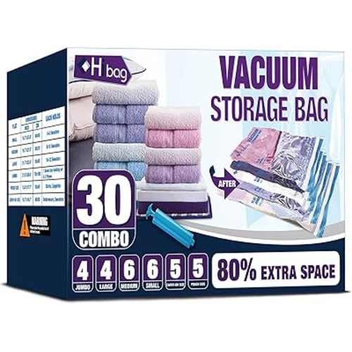 HIBAG Vacuum Storage Bags, 30-Pack Space Saver Vacuum Storage Bags, Vacuum Seal Bags for Clothing, Clothes, Comforters and Blankets (30C)