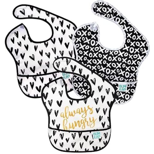Bumkins Bibs for Girl or Boy, SuperBib Baby and Toddler for 6-24 Months, Essential Must Have for Eating, Feeding, Baby Led Weaning Supplies, Mess Saving Catch Food, Fabric 3-pk Hearts and XOXO