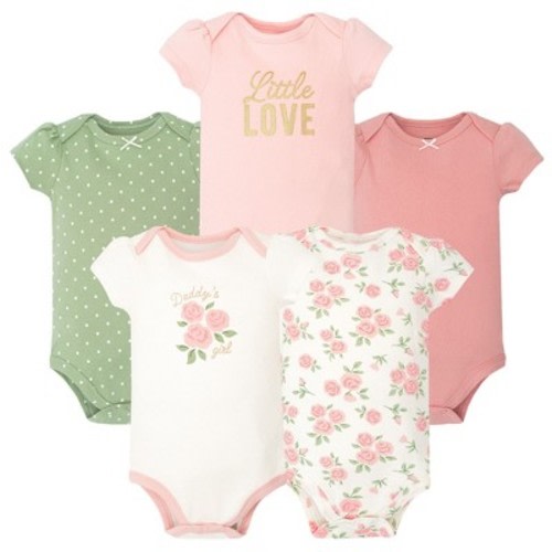 Hudson Baby Infant Girls Cotton Bodysuits 5-Pack, Soft Pink Sage Rose, 6-9 Months