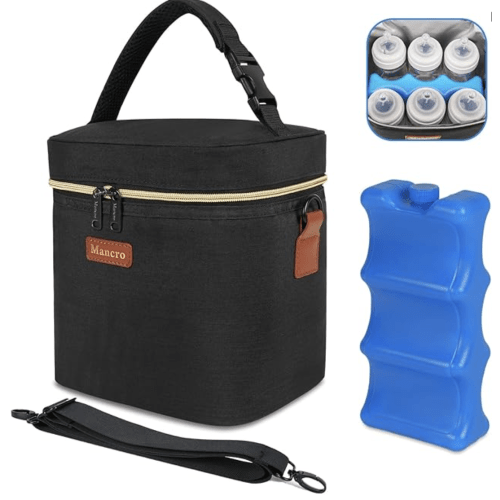 Mancro Breastmilk Cooler Bag with Ice Pack, Fits 6 Baby Bottles Up to 9 Ounce Insulated Baby Bottle Bag, Breast Milk Cooler on The go with Strap, Bottle Storage Bag for Nursing Mom Daycare, Black