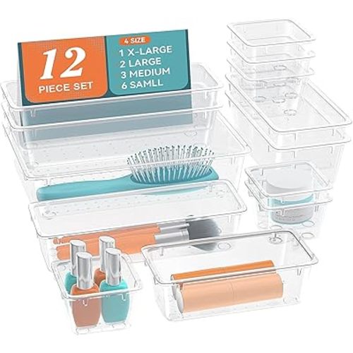 ElegantArray 12 PCS Drawer Organizer Set, 4 Sizes Tool Storage Trays, Clear Plastic Makeup Vanity Organizer and Storage Bins for Makeup, Stationeries, Multiple Gadgets for Bathroom, Office, Bedroom
