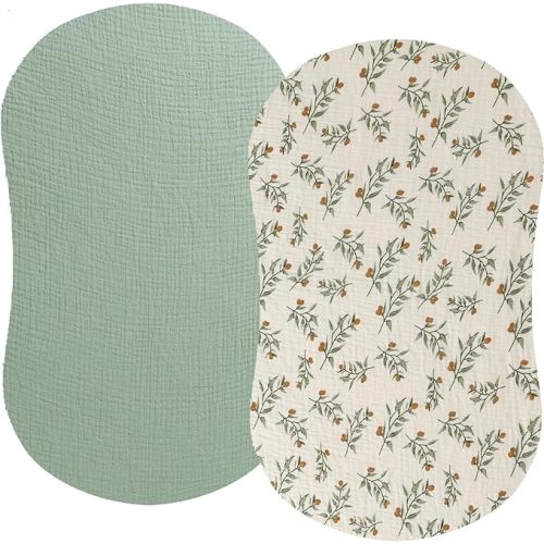 Muslin Bassinet Sheet Compatible with Halo Bassinest Swivel Flex Glide Premiere & Luxe Series Sleeper 2 Pack Cotton Stylish Boho Fitted Bassinet Sheets Super Soft for Baby Roman Green & Botanical Leaf - for Halo Bassinest Swivel Sleeper