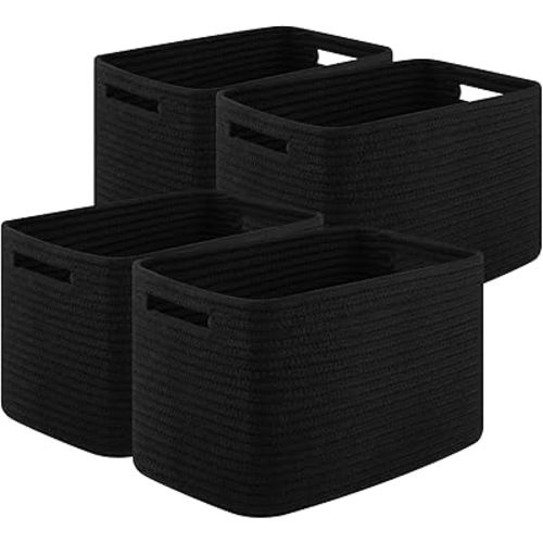 Storage Baskets for Organizing, Woven Decorative Baskets for Shelves - Books, Towels, and Clothes, Cotton Rope Toy Storage Bins, 12.7''Lx9''Wx7.8''H, Pack of 4, Black