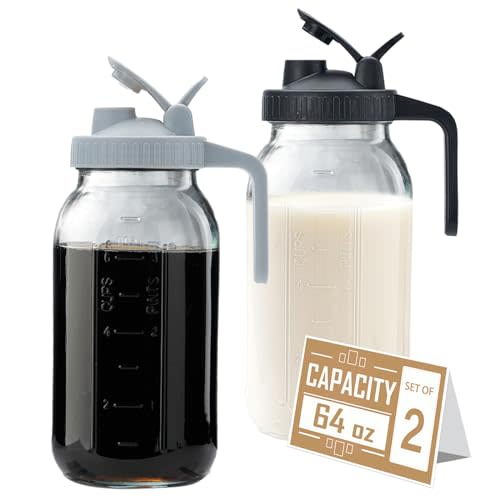 64oz Glass Pitcher with Lid - 2 Quart Mason Jar Pitcher with Spout, Leak-proof Milk Container for Refrigerator, Easy to Clean Wide Mouth Water Jug, Juice, Tea, Iced Coffee, Beverage and Drinks