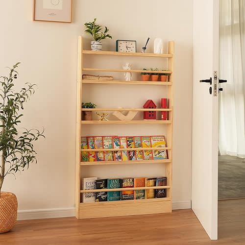 Kids Bookshelf, 5 Tier Shelves Behind The Door Book Shelf Storage, Children's Solid Wood Bookcase Space- Saving, Wall Mount Bookshelf for Bedroom, Living Room, Office and Nursery（Natural Wood）
