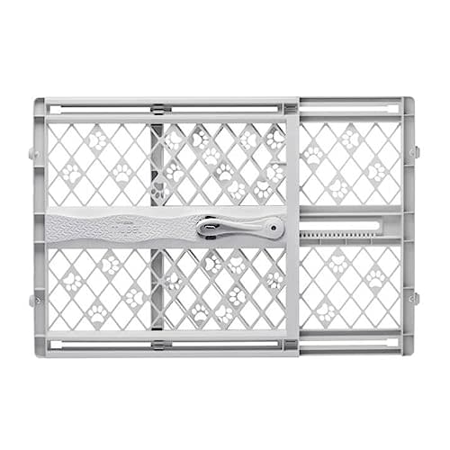 MYPET North States Paws Portable Pet Gate: 26-40" Wide. Pressure Mount. No tools needed. Made in USA. Dog Gate 23" Tall, Expandable, Durable Dog Gates for Doorways, Light Gray