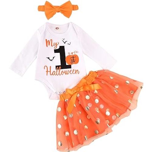 My First Halloween Outfit for Baby Girl Pumpkin Bodysuit and Tutu Skirt with Bow Headband Clothes 3 Pcs Set