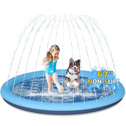 67" Dog Splash Pad, Heavy Duty Non-Slip Sprinkler Play Mat, Summer Outdoor Water Toys for Toddlers 1-3 & Kids 4-8
