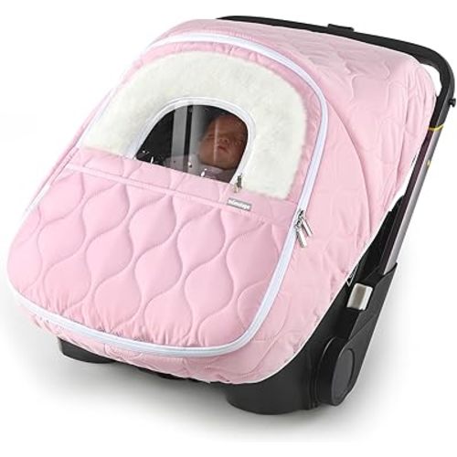 Winter Baby Car Seat Cover, Waterproof, Windproof Warm Fleece Breathable with Full Zipper for Newborn Car Seat, Pink
