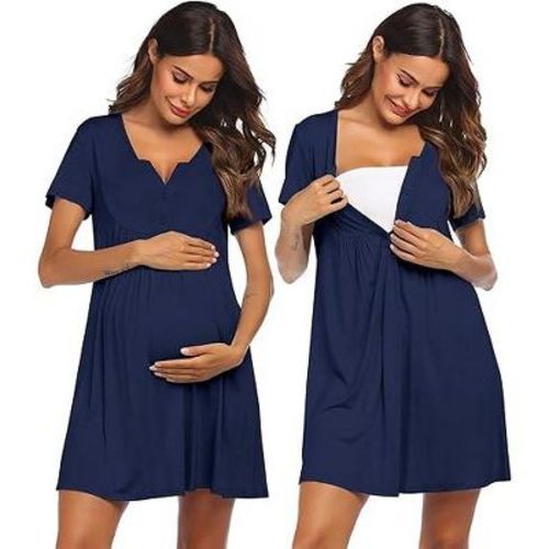 Ekouaer Labor and Delivery Gown, Nursing Nightgown, Maternity Nightgowns for Hospital Short Breastfeeding Nightgown Navy Blue M