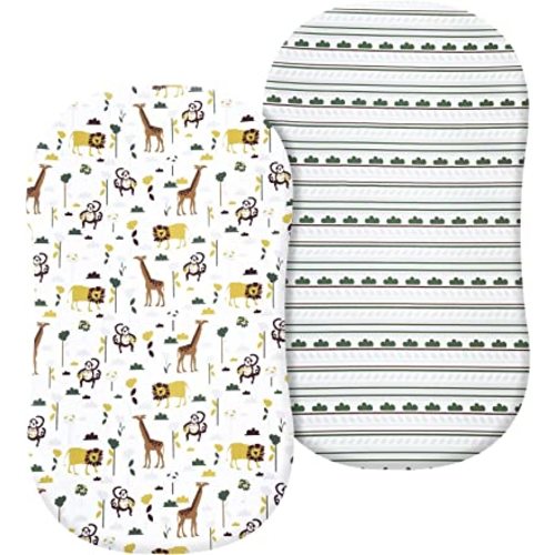 PHF 100% Cotton Bassinet Sheets 2 Pack, Soft Breathable Comfortable Cradle Sheets for Baby Boys Girls, Premium Sheets Fits Various Cradle and Bassinet Mattress Pad, Jungle/Monkey/Giraffe/Lion