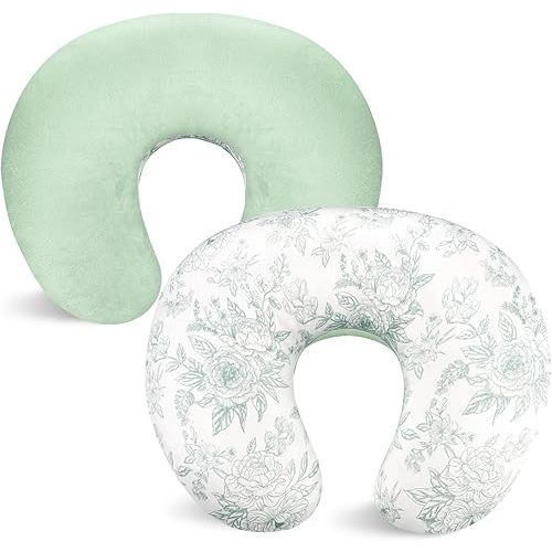 Nursing Pillow Cover 1 Pack, DAYEEBALL Double-Sided Removable Nursing Cover for Baby Girls Boys Newborn, Stretchy and Soft Reversible Slipcover for Breastfeeding Pillow, Green Flower (Only Cover)