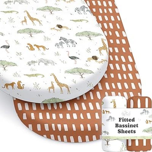 Baby Bassinet Sheets for Boy, Girl (Safari Adventures) 2-Pack - Fitted Bedside Bassinet Sheets - Buttery Soft Cotton Blend for Standard Mattress Pad
