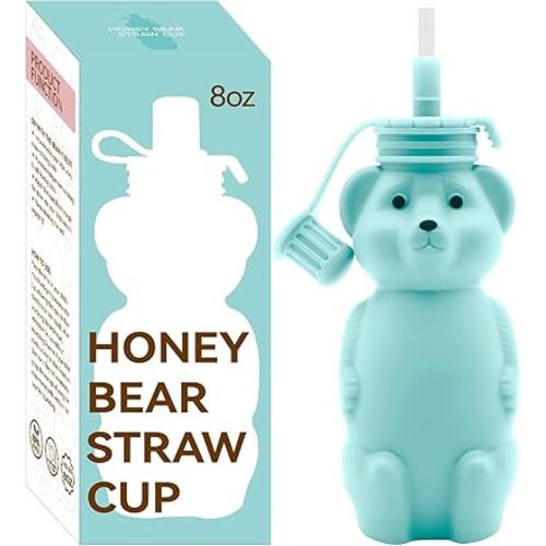 Honey Bear Straw Cup, Food Grade Silicone, Babies Water Drinking Cup, 8-Ounce Therapy Sippy Bottles for Speech and Feeding Training, BPA Free & Dishwasher Safe (AQUA)