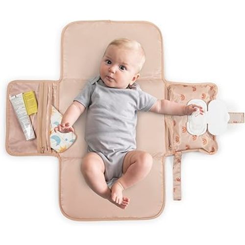 Tiny Twinkle Portable Diaper Changing Pad – Foldable, Waterproof & Compact Travel Changing Mat with Storage | Smart Wipes Pocket for On-The-Go Parents(Boho Rainbow)