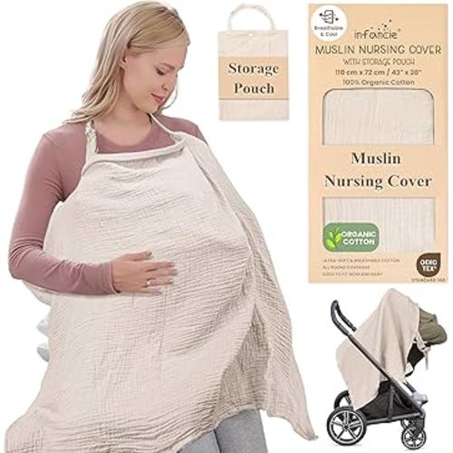 Organic Cotton Nursing Cover - 43 x 28 Inch Breathable Muslin Breastfeeding Cover, Multi-Purpose for Women (Ivory)