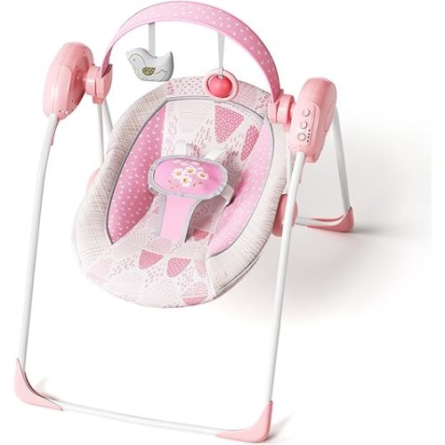 Portable Baby Swing, Pink Electric Infant Swing with 5 Speed Levels, 6 Songs & Timer – Battery-Powered Only (No Batteries Included) Pink and White