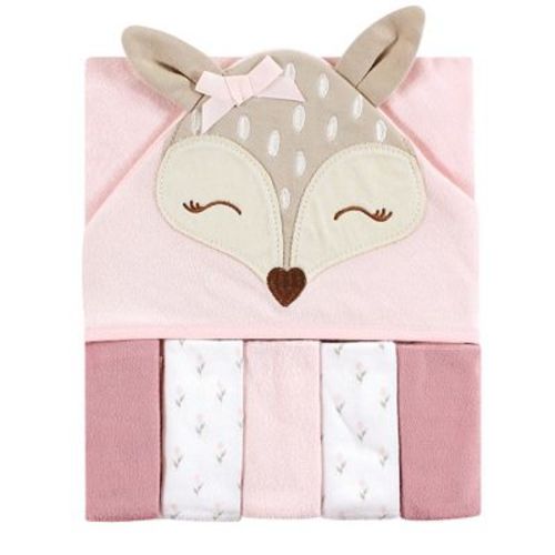 Hudson Baby Infant Girl Hooded Towel And Five Washcloths, Fawn, One Size