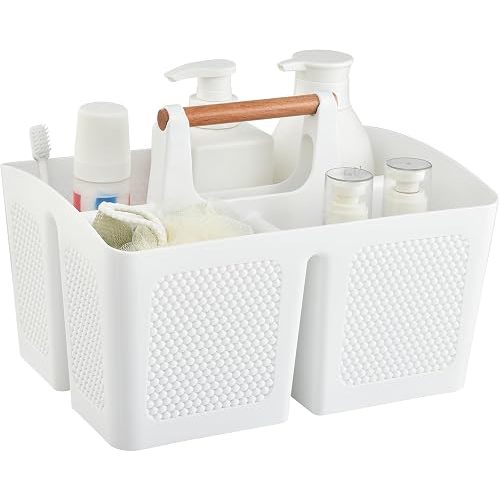 3 Compartments White Portable Shower Caddy with Wooden Handle