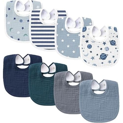Konssy Muslin Baby Bibs 8 Pack Baby Bandana Drool Bibs Cotton for Unisex Boys Girls, 8 Solid Colors Set for Teething Drooling