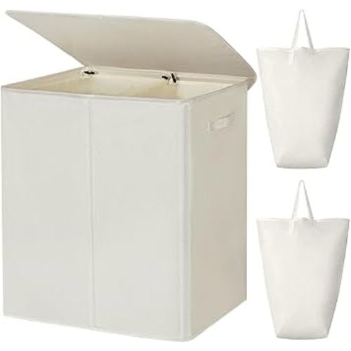 WOWLIVE 180L Double Laundry Hamper with Lid and Removable Laundry Bags, Large Dirty Clothes Hamper 2 section Collapsible Laundry Basket Dorm Room Storage for Bedroom, Bathroom, College,Beige