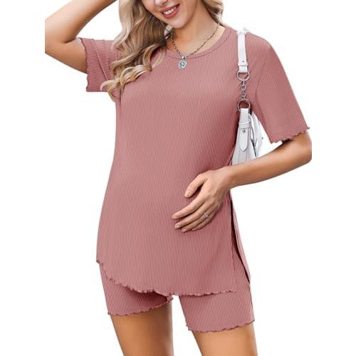 Ekoauer Women 2 Piece Maternity Pajamas Set Lightweight Pregnancy Outfit Ribbed Knit Postpartum Loungewear Set with Pocket