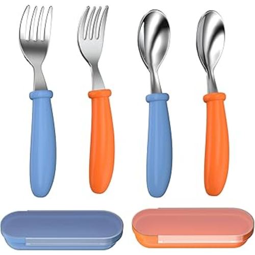 Toddler Utensils, Toddler Forks and Spoons, Baby Stainless Steel Silverware Set with Storage Box for Self Feeding Safe, Dishwasher Safe (2 Set with Case)