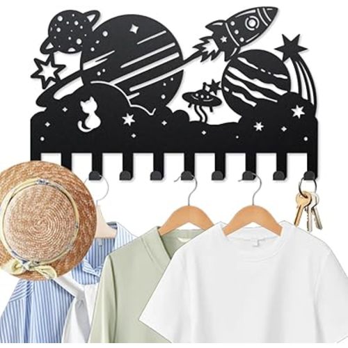 MAYJOYDIY Space Planet Coat Rack Wall Mount Metal Rocket Cat Coat Hooks for Hanging 15.7×9.3inch Star Spaceship Black Wall Art Decor Key Holder with 10 Hooks for Gift Coats Hats Towels Bags Hanging